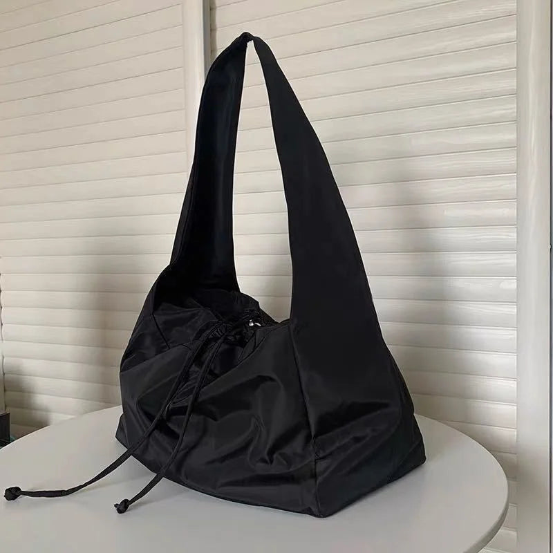 Nylon Bucket Shoulder Bag Tote Bag - Black Color
