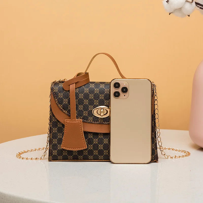 Women Bag Print Leather Round Lock Small Square Cross Body Bag
