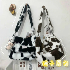 Lamb Wool Cow Pattern Shoulder Bag Canvas Handbag