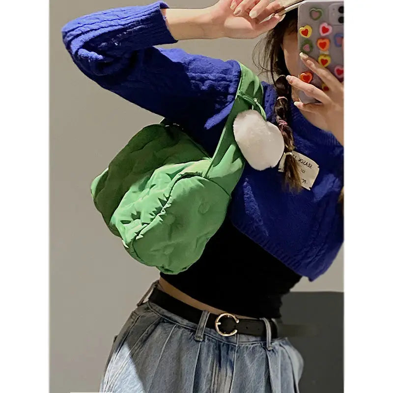 Women Nylon Bucket Shoulder Bag Solid Zipper Handbag Purse Ladylike