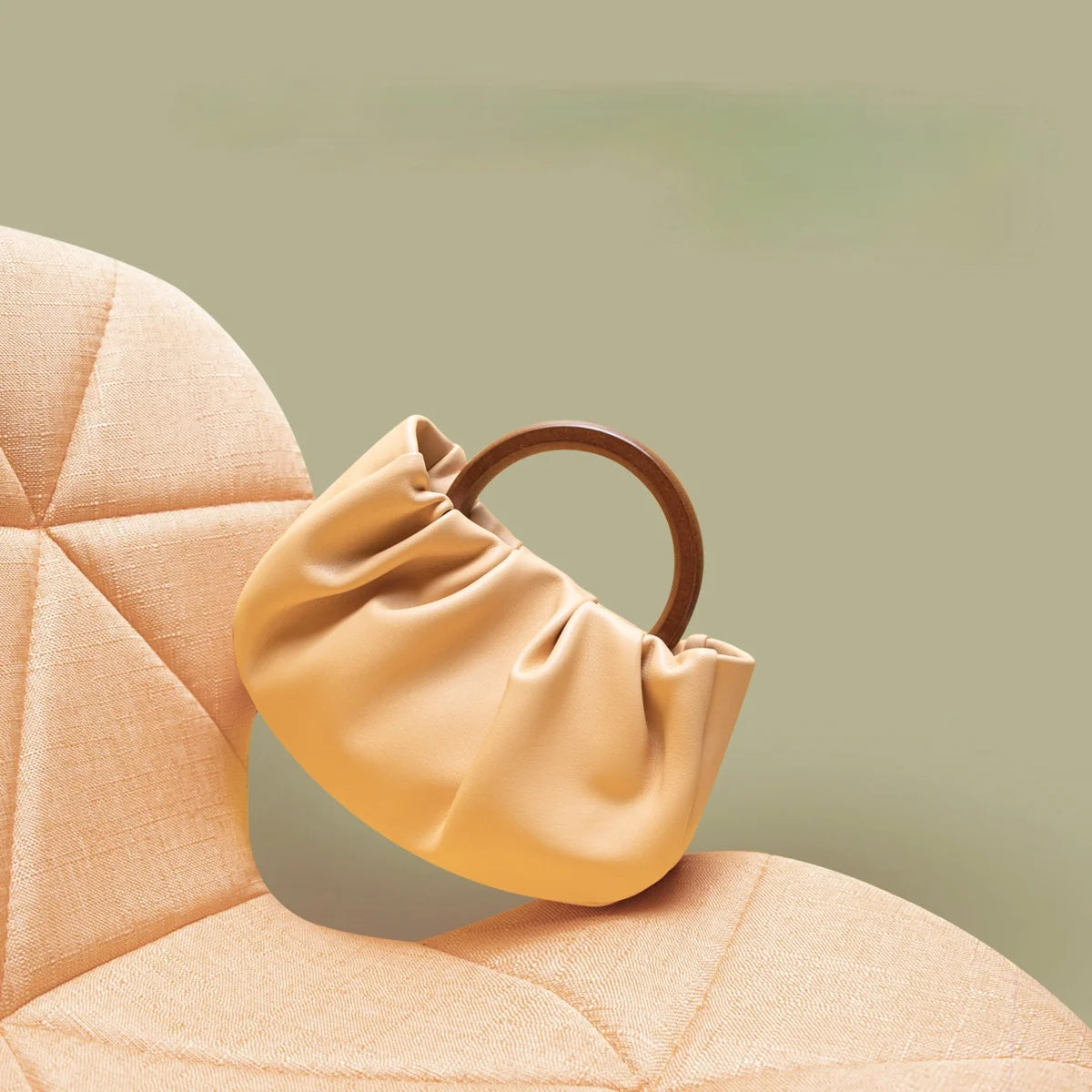 Women Bag PU Bucket Wood Handle Chains Solid Hasp Shoulder Bags Handbags Purse