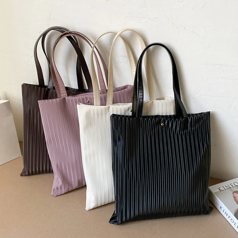 Women PU Handbags Shoulder Bag Large Capacity Tote Bas Solid Striped Travel Bag