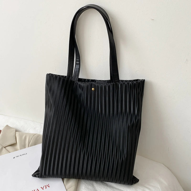 Women PU Handbags Shoulder Bag Large Capacity Tote Bas Solid Striped Travel Bag