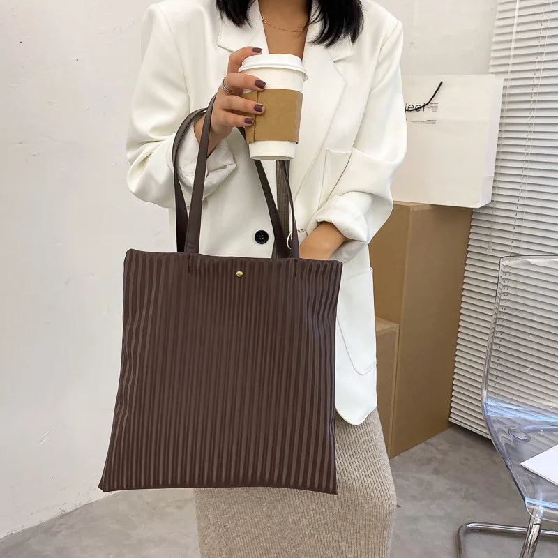 Women PU Handbags Large Capacity Tote Shoulder Bag Solid Striped Travel Bag