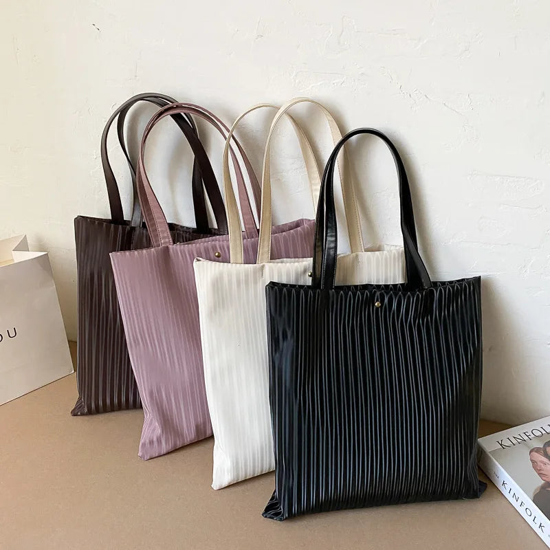Women PU Handbags Large Capacity Tote Shoulder Bag Solid Striped Travel Bag