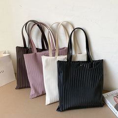 Women PU Handbags Large Capacity Tote Shoulder Bag Solid Striped Travel Bag