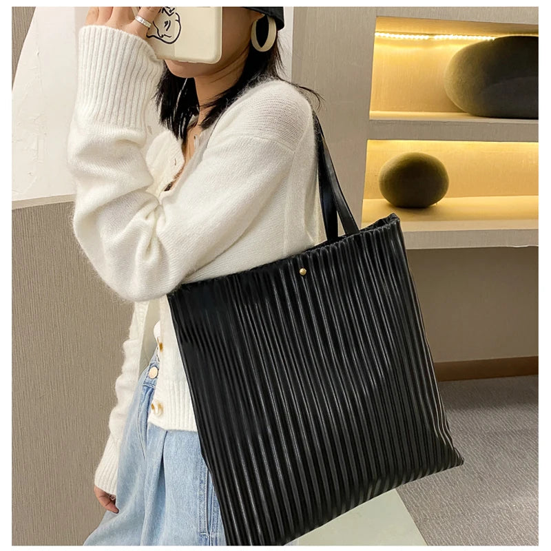 Women PU Handbags Shoulder Bag Large Capacity Tote Bas Solid Striped Travel Bag