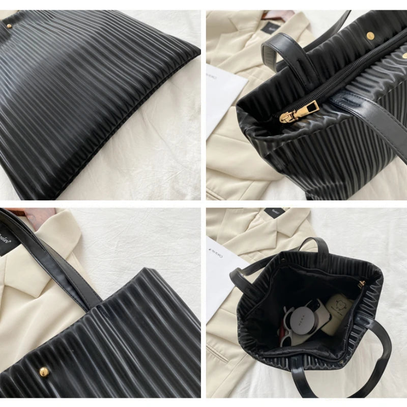 Women PU Handbags Shoulder Bag Large Capacity Tote Bas Solid Striped Travel Bag