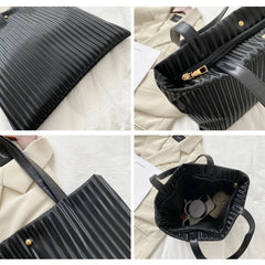 Women PU Handbags Shoulder Bag Large Capacity Tote Bas Solid Striped Travel Bag