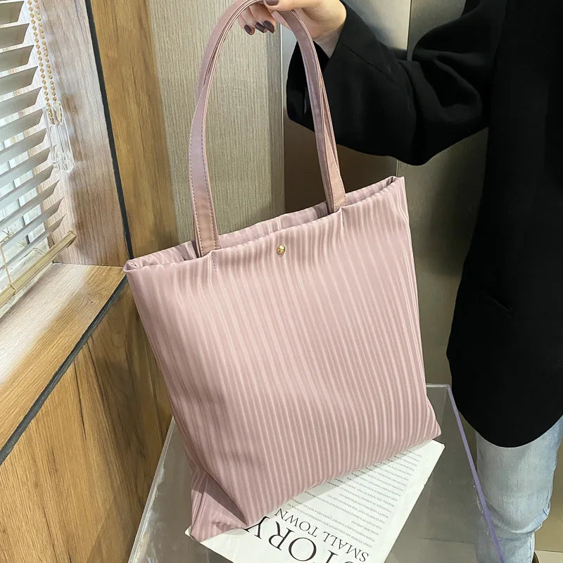 Women PU Handbags Large Capacity Tote Shoulder Bag Solid Striped Travel Bag
