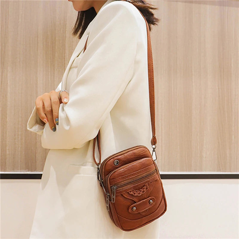Vintage Crossbody Bag Multi-layer Soft Messenger Bag Adjustable Women Handbag