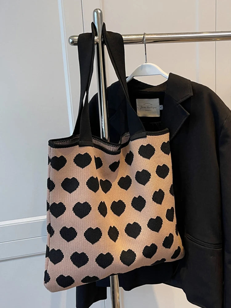 Women Knitted Shoulder Bag Large Capacity Tote Sweet Handbag