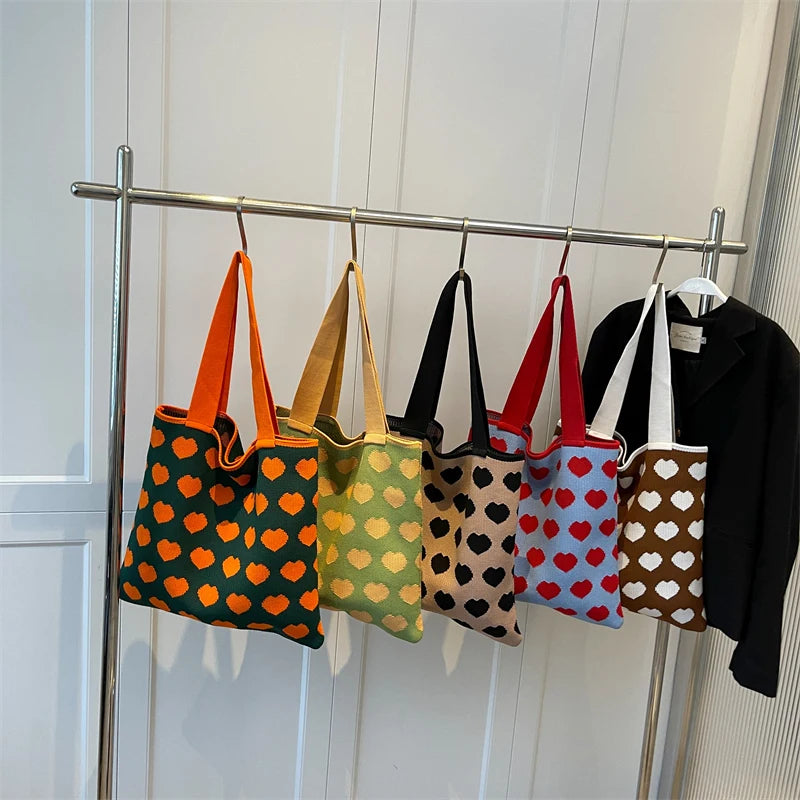Women Knitted Shoulder Bag Large Capacity Tote Sweet Handbag