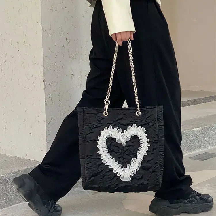 Square Lace Love Heart Lady Shoulder Bag High-Capacity Sweet Girls Handbag
