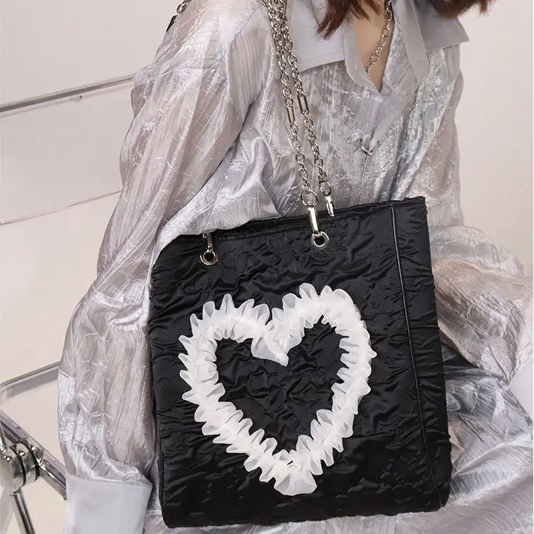 Square Lace Love Heart Lady Shoulder Bag High-Capacity Sweet Girls Handbag