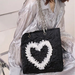 Square Lace Love Heart Lady Shoulder Bag High-Capacity Sweet Girls Handbag