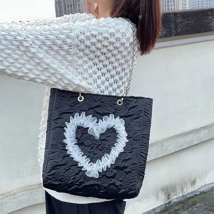 Square Lace Love Heart Lady Shoulder Bag High-Capacity Sweet Girls Handbag