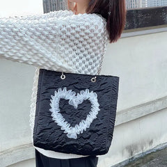 Square Lace Love Heart Lady Shoulder Bag High-Capacity Sweet Girls Handbag