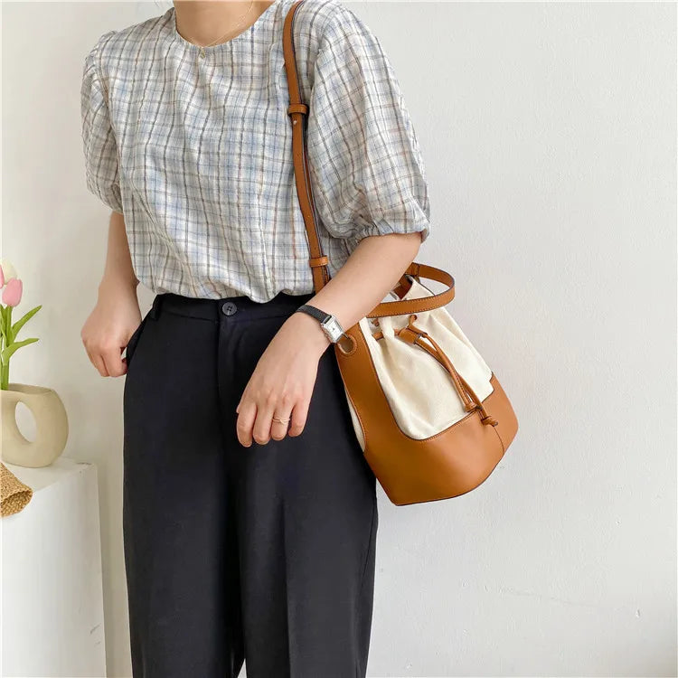 Canvas Bucket Bag Women Shoulder Handbag Tassel Crossbody