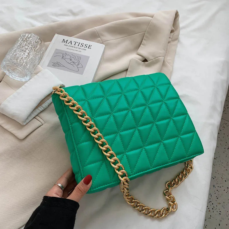 Vintage Leather Quilted Shoulder Bag Metal Chain Crossbody