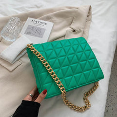 Vintage Leather Quilted Shoulder Bag Metal Chain Crossbody