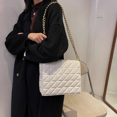 Vintage Leather Quilted Shoulder Bag Metal Chain Crossbody
