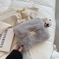 Winter Plush Chain Shoulder Bag Faux Fur Flap Handbag Party Clutch