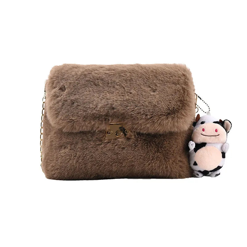 Winter Plush Chain Shoulder Bag Faux Fur Flap Handbag Party Clutch
