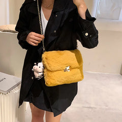Winter Plush Chain Shoulder Bag Faux Fur Flap Handbag Party Clutch