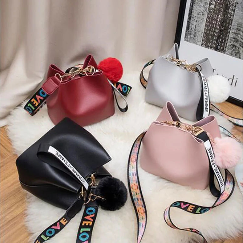 Colorful Strap Bucket Bag Women PU Leather Shoulder Bags