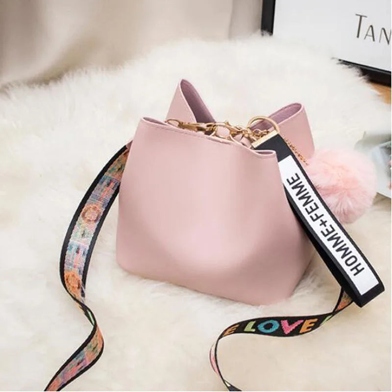 Colorful Strap Bucket Bag Women PU Leather Shoulder Bags