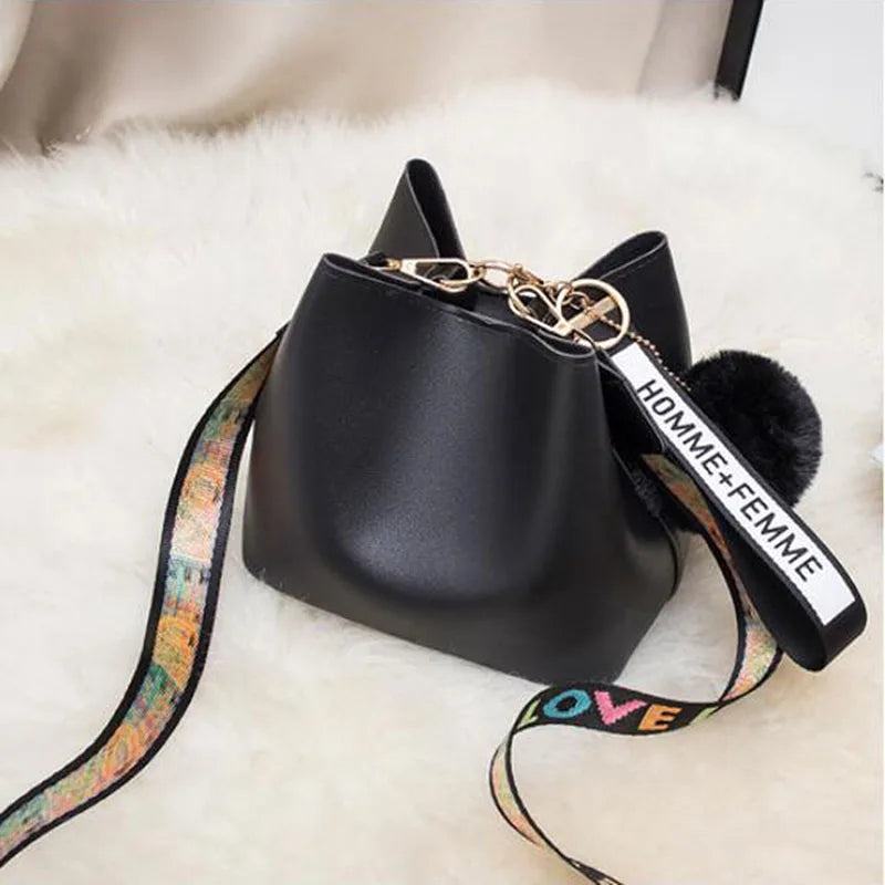 Colorful Strap Bucket Bag Women PU Leather Shoulder Bags
