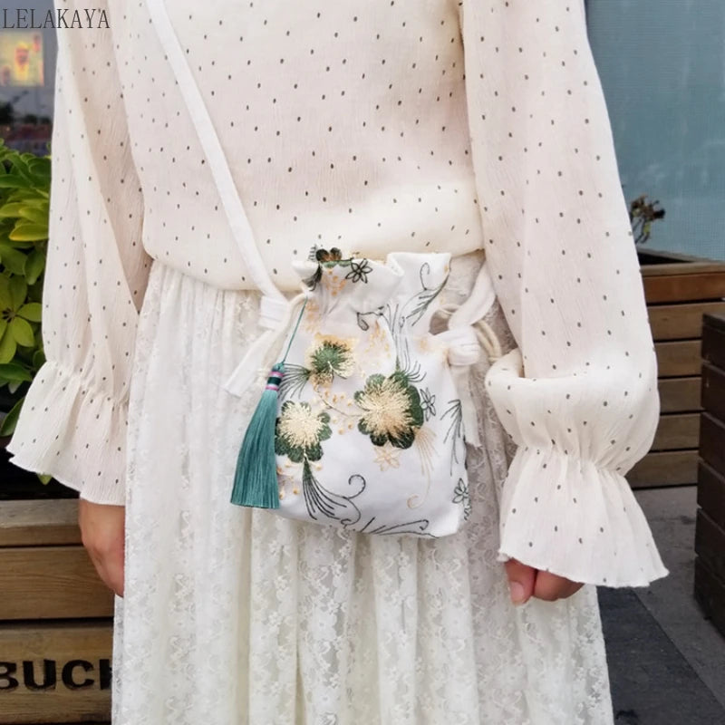 Chinese Style Embroidered Flower Crossbody Bag Tassel Purse Hanfu Accessory
