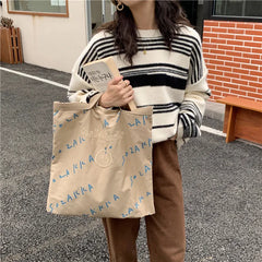 Large Capacity Smiley Buckle Canvas Tote Bag for Women