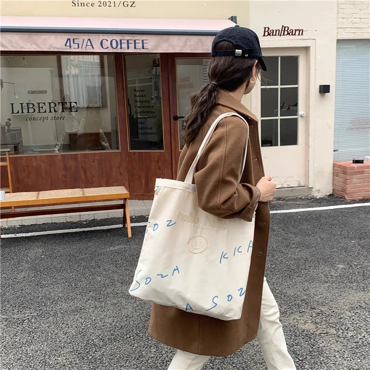 Large Capacity Smiley Buckle Canvas Tote Bag for Women