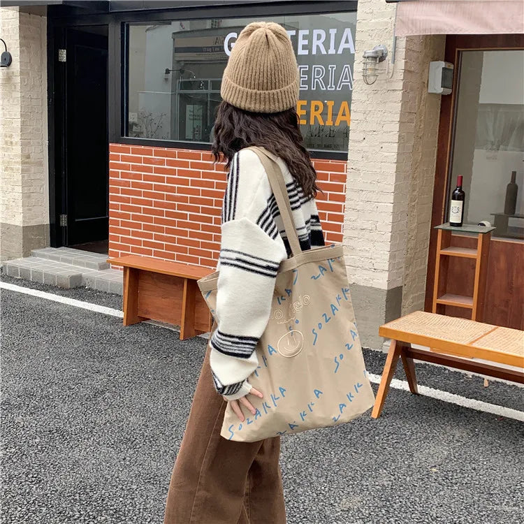 Large Capacity Smiley Buckle Canvas Tote Bag for Women