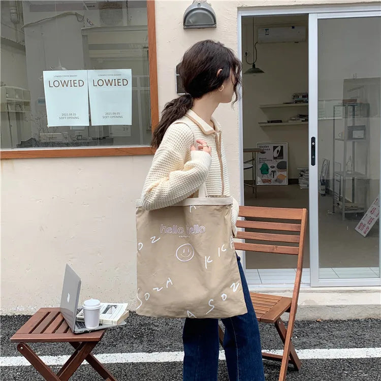Large Capacity Smiley Buckle Canvas Tote Bag for Women