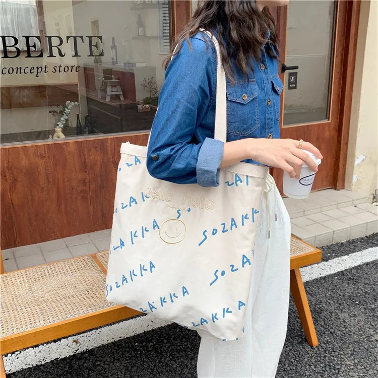 Large Capacity Smiley Buckle Canvas Tote Bag for Women