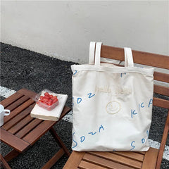 Large Capacity Smiley Buckle Canvas Tote Bag for Women