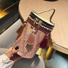 Straw Round Tote Metal Ring Chain Shoulder Bag