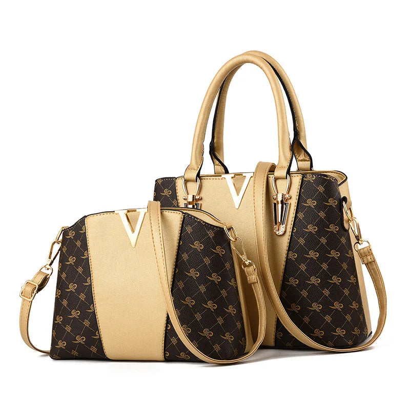 Women Leather Handbag and Shoulder Bag Set - Messenger Bag