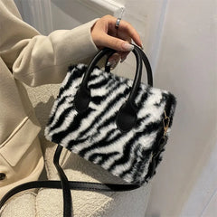 Women Shoulder Bag Plush Handbag Leopard Print Crossbody Winter Style