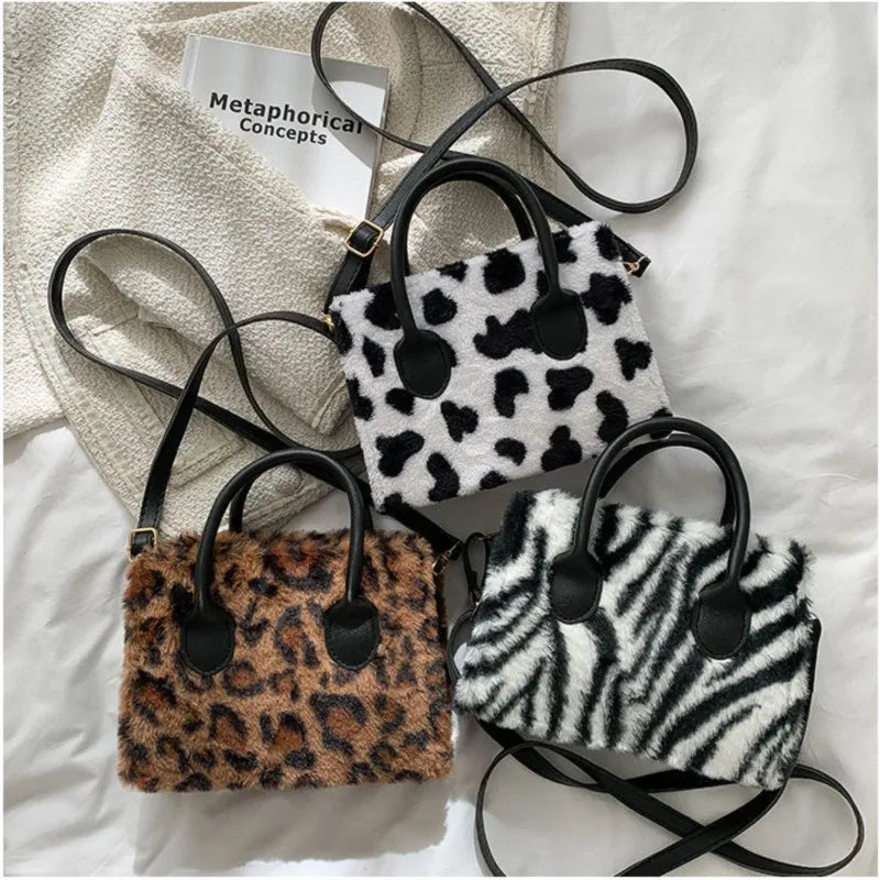 Women Shoulder Bag Plush Handbag Leopard Print Crossbody Winter Style