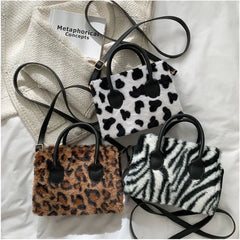 Women Shoulder Bag Plush Handbag Leopard Print Crossbody Winter Style
