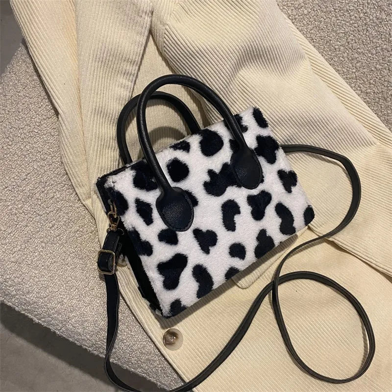 Women Shoulder Bag Plush Handbag Leopard Print Crossbody Winter Style