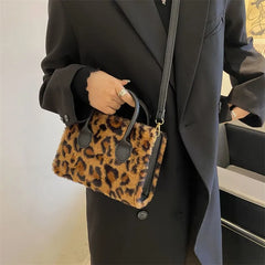Women Shoulder Bag Plush Handbag Leopard Print Crossbody Winter Style