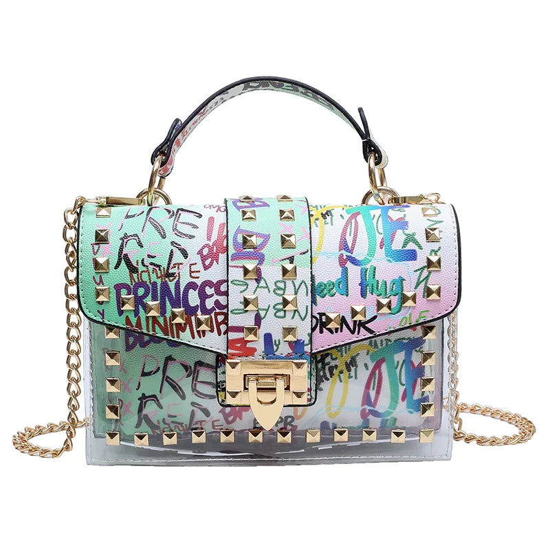 Women PVC Rivets Purses Clear Handbags Small Square Bags