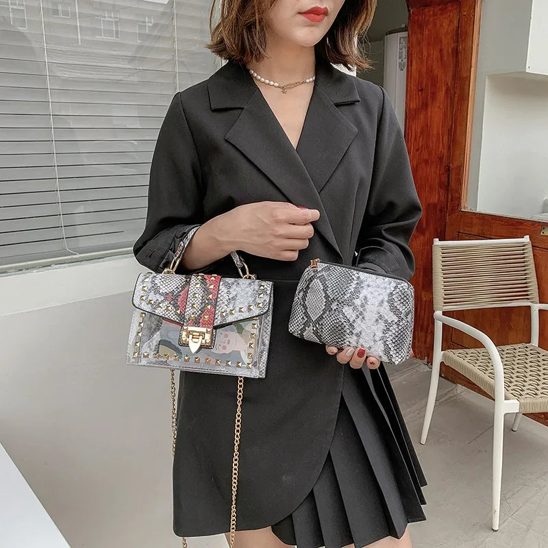 Women PVC Rivets Purses Clear Handbags Small Square Bags