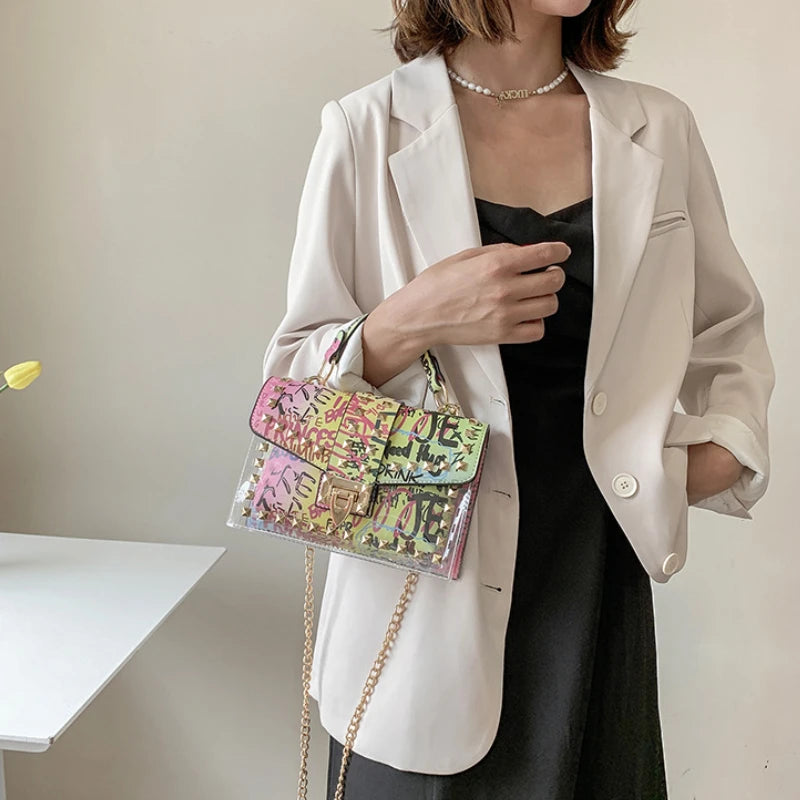 Women PVC Rivets Purses Clear Handbags Small Square Bags