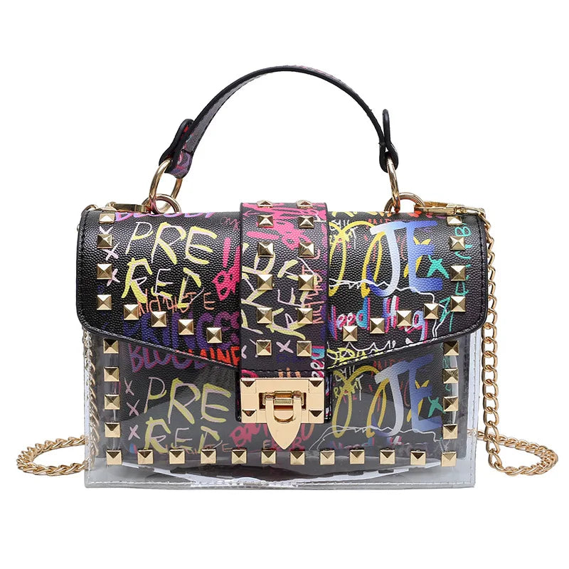 Women PVC Rivets Purses Clear Handbags Small Square Bags